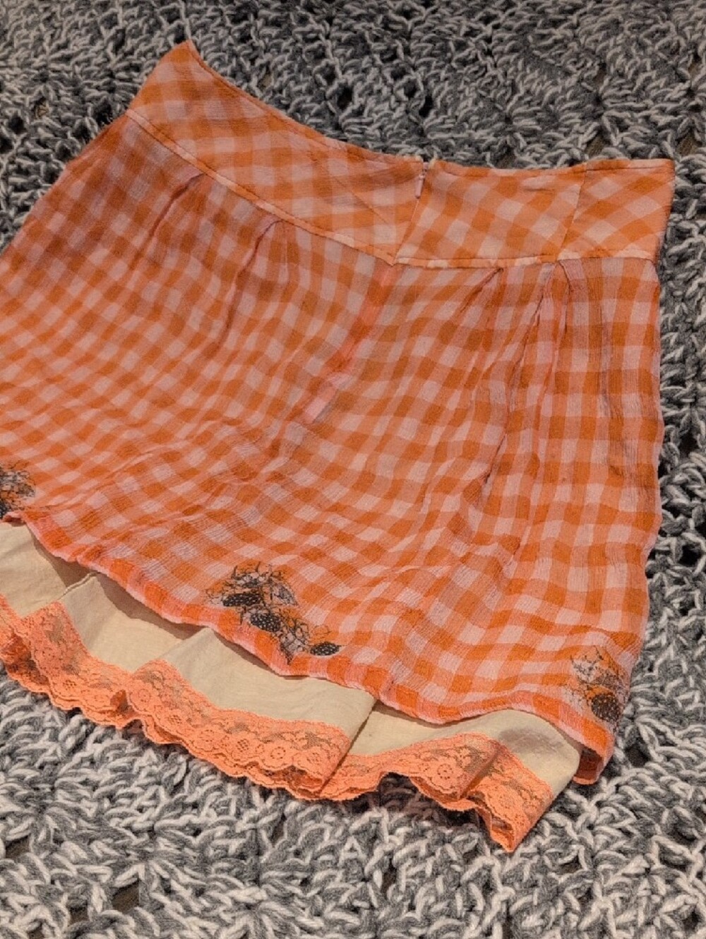 429 - Orange Gingham Mini Skirt • Y2K Cottagecore • Ruffle Hem Lace Trim • Retro - Picture 5 of 11